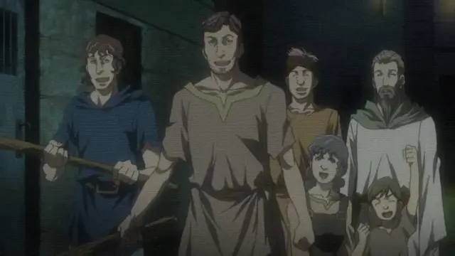 A group of men and two children stand in a dark room, with a man in a tan tunic in the center holding a staff and a man in a blue tunic to his left also holding a staff. Screenshot from Ikusa Otome Suvia - Episode 3