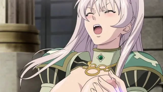 A close-up shot of a light-haired anime girl with blushing cheeks and an open mouth expressing pleasure, wearing a green and gold ornate outfit while clutching her breasts. Screenshot from Ikusa Otome Suvia - Episode 3