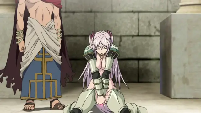 A muscular man in a robe stands over a kneeling woman with long pink hair and green armor who has a distressed expression on her face. Screenshot from Ikusa Otome Suvia - Episode 3