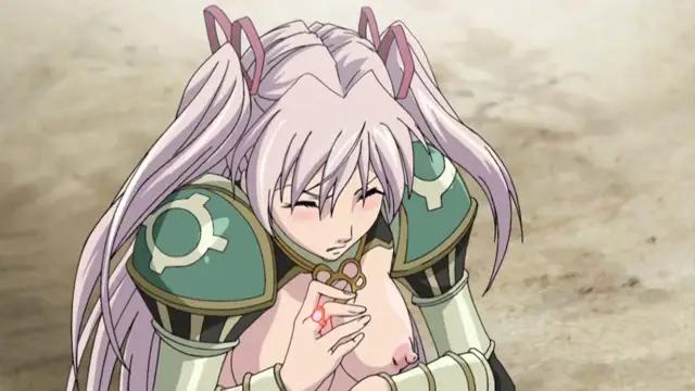 A light-skinned anime girl with long pink hair and green armor plates looks down with a blush, covering her bare breasts with her hands. Screenshot from Ikusa Otome Suvia - Episode 3