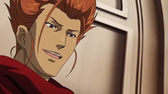 A man with spiky red hair and red eyes wears a red garment and sports a confident smirk as he stands in a doorway. Screenshot from Ikusa Otome Suvia - Episode 4