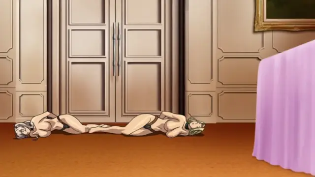 A woman in a white outfit lies face down on a brown carpeted floor in a luxurious room with gold paneled walls, while another woman lies on the floor behind her with her legs wrapped around her torso. Screenshot from Ikusa Otome Suvia - Episode 4