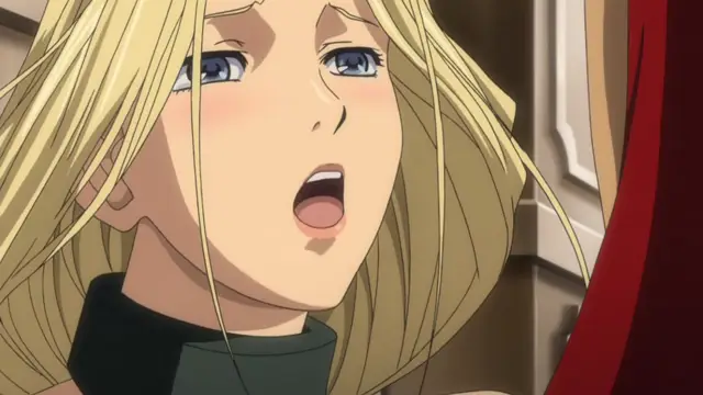 A blonde anime girl with blue eyes and a shocked expression looks up with her mouth open while a character in red clothing stands partially in view to her right. Screenshot from Ikusa Otome Suvia - Episode 4