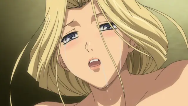 A blonde woman with a tearful, dazed expression and heavy breathing looks toward the viewer with sweat dripping down her face while her chest is bare. Screenshot from Ikusa Otome Suvia - Episode 4