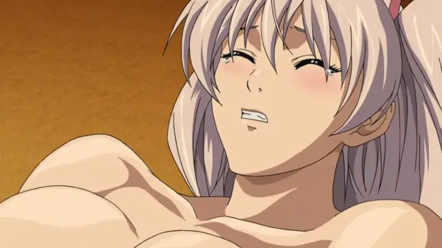 A close-up shot of a blushing anime girl with long silver hair and large breasts, looking overwhelmed or aroused with her eyes squeezed shut and mouth slightly open. Screenshot from Ikusa Otome Suvia - Episode 4