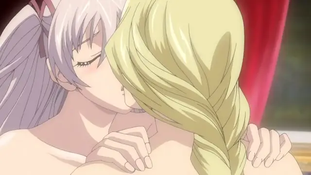 A blonde woman and a silver-haired woman share an intimate kiss while topless in a scene featuring red curtains in the background. Screenshot from Ikusa Otome Suvia - Special