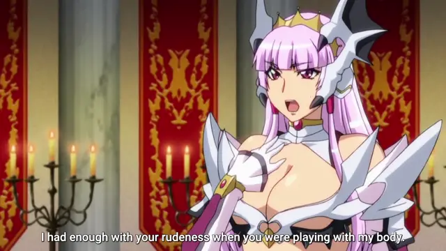 A pink-haired female knight in revealing silver armor stands in a palace room with lit candelabras, looking angry with the subtitle "I had enough with your rudeness when you were playing with my body.". Screenshot from Aku no Onna Kanbu - Episode 1