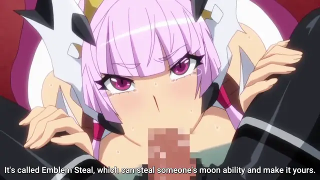 A pink-haired anime girl with an angry expression and beads of sweat on her face is shown from the chest up, pressed against a male character with subtitles at the bottom stating, "It's called Emblem Steal, which can steal someone's moon ability and make it yours.". Screenshot from Aku no Onna Kanbu - Episode 1