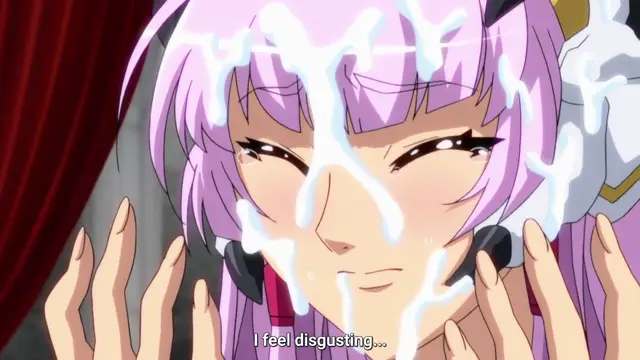 A close-up shot of a purple-haired anime girl with an exhausted expression, covered in a thick white liquid while she says, "I feel disgusting...". Screenshot from Aku no Onna Kanbu - Episode 1