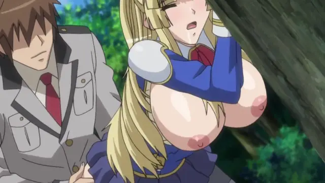 A blonde-haired anime girl with large exposed breasts and a shocked expression is shown standing next to a brown-haired male student in a school uniform in a forest setting. Screenshot from Aku no Onna Kanbu - Episode 1