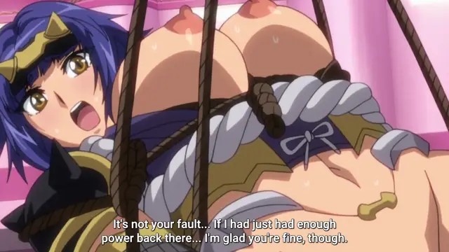 A blue-haired anime woman with large breasts is tied up with ropes and shown from a high angle as she speaks the subtitles, "It's not your fault... If I had just had enough power back there... I'm glad you're fine, though.". Screenshot from Aku no Onna Kanbu - Episode 1