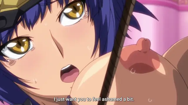 A close-up of an anime girl with blue hair and tearful eyes looking shocked as she is pressed against a man's large testicles with the subtitle "I just want you to feel ashamed a bit.". Screenshot from Aku no Onna Kanbu - Episode 1