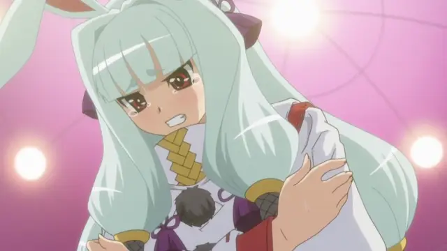 An anime girl with long light blue hair and bunny ears, wearing a white and gold kimono, has a blushing face and a shocked expression while grabbing her torn clothes in a pink room with glowing lights. Screenshot from Aku no Onna Kanbu - Episode 2