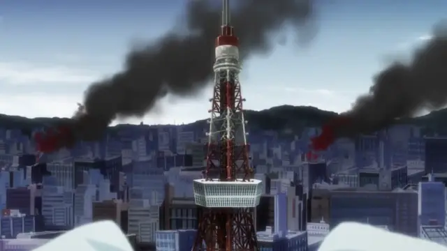 A wide shot shows a city landscape with a large radio tower in the center, surrounded by smoke and fire from several burning buildings in the background. Screenshot from Aku no Onna Kanbu - Episode 2