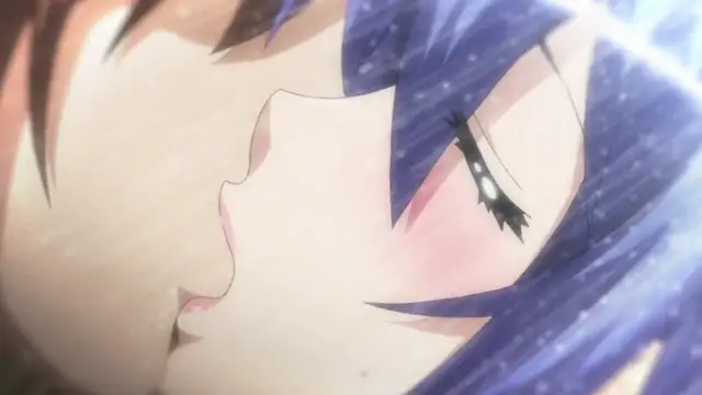 A close-up anime still shows a male character with brown hair kissing a blue-haired girl with blushing cheeks on her lips. Screenshot from Aku no Onna Kanbu Full Moon Night R - Episode 1