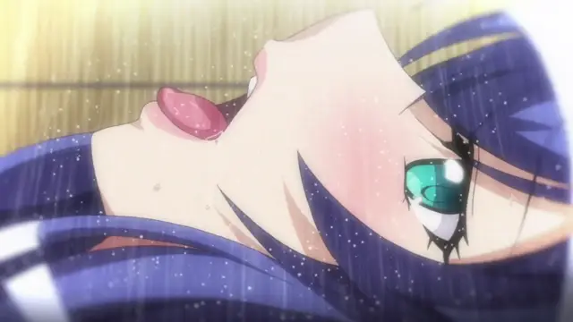 A close-up shot of a blue-haired anime girl lying on her back with her mouth open and eyes closed in a state of ecstasy or exhaustion, with rain falling over her face. Screenshot from Aku no Onna Kanbu Full Moon Night R - Episode 1