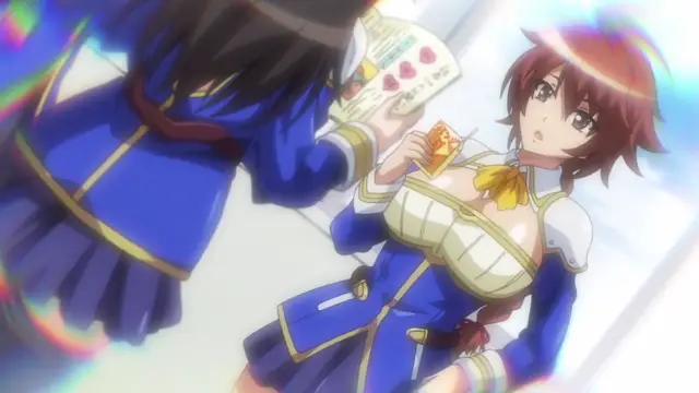A girl with red hair and a blue maid outfit stands looking startled as a girl with black hair leans in to show her a menu. Screenshot from Aku no Onna Kanbu Full Moon Night R - Episode 1