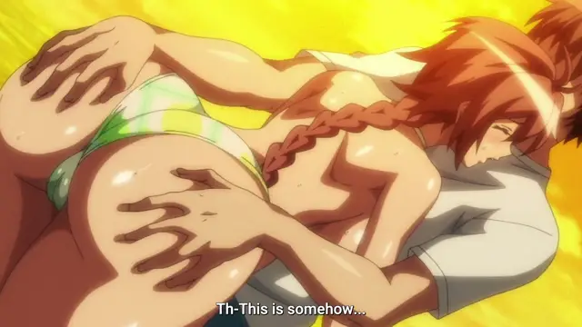 A close-up shot of a woman with orange hair in a bikini lying on her side while a man with reddish-brown hair presses his face against her large, exposed buttock, with subtitles reading "Th-This is somehow...". Screenshot from Aku no Onna Kanbu Full Moon Night R - Episode 1