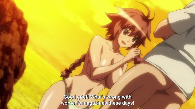 A nude anime girl with red hair and a braid sits in front of a man in white underwear against a yellow background, with the subtitle "Good grief! What's wrong with women's magazines these days!" appearing at the bottom. Screenshot from Aku no Onna Kanbu Full Moon Night R - Episode 1