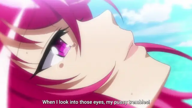 A close-up of a pink-haired anime girl with a blushing face and glazed eyes looking upwards with the subtitle "When I look into those eyes, my pussy trembles!". Screenshot from Aku no Onna Kanbu Full Moon Night R - Episode 2