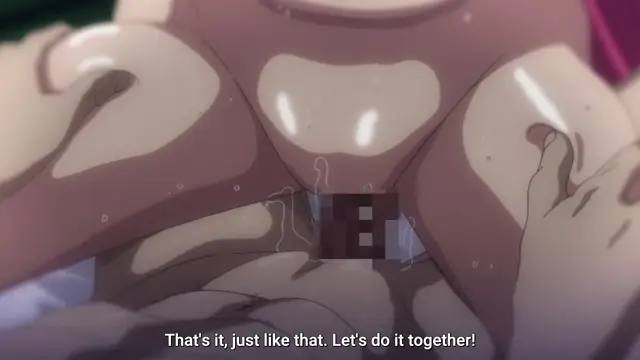 A close-up shot of a female character's genitals with fluid dripping down as she is being penetrated, accompanied by the subtitle "That's it, just like that. Let's do it together!". Screenshot from Aku no Onna Kanbu Full Moon Night R - Episode 2