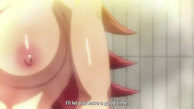 An anime girl with large breasts and a red dress stands in a room with a tiled wall, looking at the camera with the subtitle, "I'll let you have a good time.". Screenshot from Aku no Onna Kanbu Full Moon Night R - Episode 2