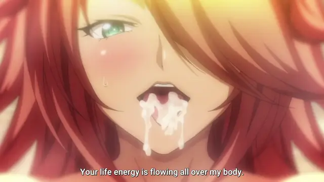 A close-up shot of an anime girl with long red hair and green eyes looking dazed and blushing, with white fluid dripping from her open mouth and a subtitle that reads, "Your life energy is flowing all over my body.". Screenshot from Aku no Onna Kanbu Full Moon Night R - Episode 2