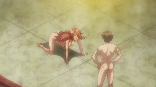 A nude woman with long red hair crawls on all fours on a tiled floor while looking up at a naked man standing with his back to the camera. Screenshot from Aku no Onna Kanbu Full Moon Night R - Episode 2
