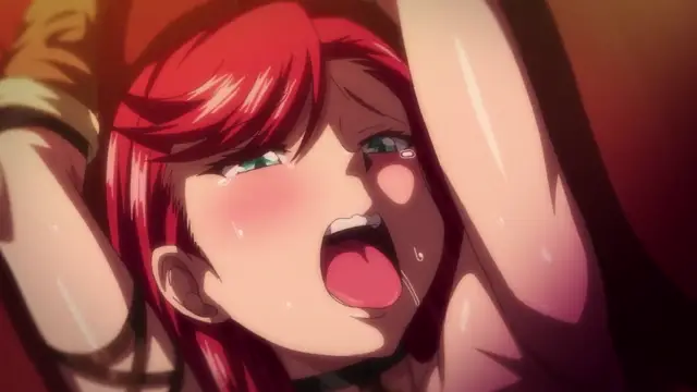 A red-haired woman with an open mouth and a sweaty face looks overwhelmed as she is held down by two men in a sexual scene. Screenshot from Isekai Yarisaa - Episode 1