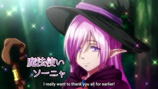 A purple-haired elf girl wearing a large black wizard hat and robes holds a staff while saying "I really want to thank you all for earlier!" against a shimmering green background. Screenshot from Isekai Yarisaa - Episode 1