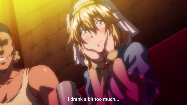 A blushing blonde anime girl with a white headscarf leans her chin on her hands and looks dazed with a caption that reads, "I drank a bit too much...". Screenshot from Isekai Yarisaa - Episode 1