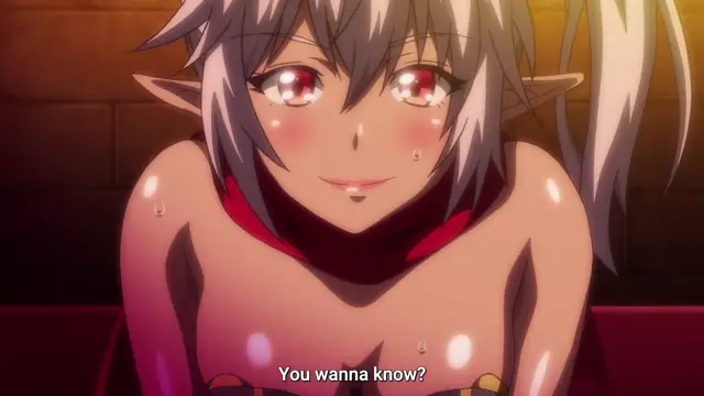 A blushing anime girl with silver hair and red eyes sits on a red sofa with her breasts exposed, saying "You wanna know?" in white subtitles. Screenshot from Isekai Yarisaa - Episode 1