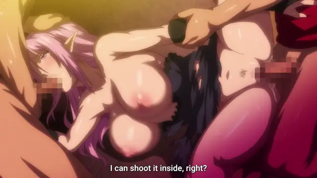 A pink-haired elf girl with large breasts lies on a table while being penetrated by a man with dark hair, with subtitles reading, "I can shoot it inside, right?". Screenshot from Isekai Yarisaa - Episode 1