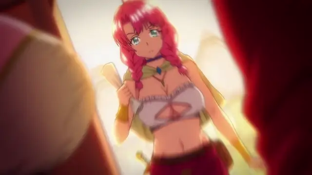A red-haired anime girl in a white crop top and red skirt stands between two figures, looking surprised with a blushing face. Screenshot from Isekai Yarisaa - Episode 2