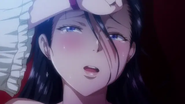 A blushing, long-haired anime girl with blue eyes looks dazed and overwhelmed as a penis enters her mouth from above. Screenshot from Isekai Yarisaa - Episode 2