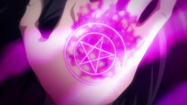 A woman with long black hair has a glowing pink magic circle with a pentagram inside it on her chest, surrounded by a purple aura. Screenshot from Kyonyuu Onna Senshi Dogeza Saimin - Episode 1
