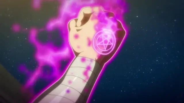 A close-up of a character's fist clad in white armor, surrounded by glowing purple energy and featuring a circular magic sigil, set against a starry night sky. Screenshot from Kyonyuu Onna Senshi Dogeza Saimin - Episode 1