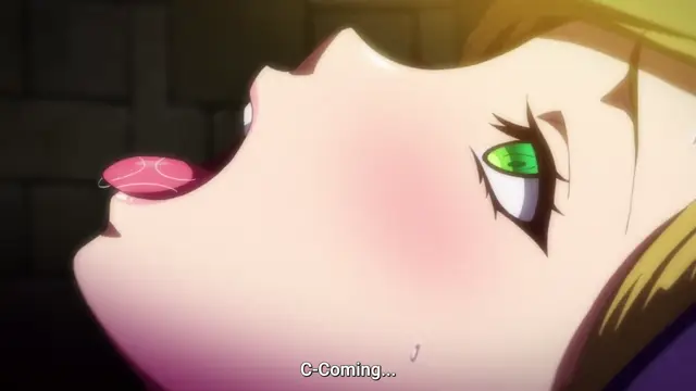 A close-up shot of an anime girl with blonde hair and green eyes looking dazed with her tongue sticking out, with the subtitle "C-Coming..." at the bottom. Screenshot from Kyonyuu Onna Senshi Dogeza Saimin - Episode 1