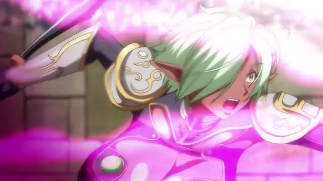 A white-haired elf girl in pink and gold armor screams with an expression of shock or pain as she is enveloped in a glowing pink aura while holding a sword in an action sequence. Screenshot from Kyonyuu Onna Senshi Dogeza Saimin - Episode 1