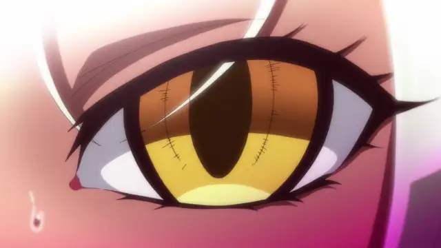 A close-up shot of a female character's eye with a slit pupil and thick lashes, featuring a large bead of sweat on her cheek. Screenshot from Kyonyuu Onna Senshi Dogeza Saimin - Episode 1
