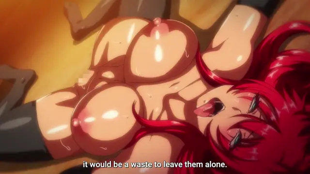 A red-haired woman with large breasts lies on her back on the floor with several men around her while the subtitles read, "it would be a waste to leave them alone.". Screenshot from Kyonyuu Onna Senshi Dogeza Saimin - Episode 1