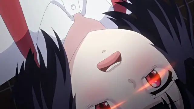 A black-haired anime girl with red eyes lies on her back with her mouth open, wearing a white top and red pants. Screenshot from Toilet no Hanako-san vs Kukkyou Taimashi - Episode 1