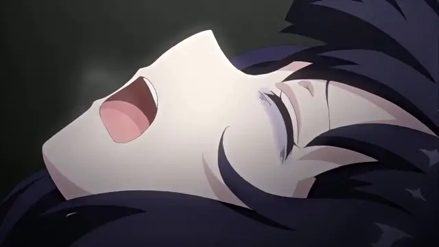 A close-up shot of a long-haired anime girl lying down with her eyes closed and her mouth open in a moan or gasp. Screenshot from Toilet no Hanako-san vs Kukkyou Taimashi - Episode 1