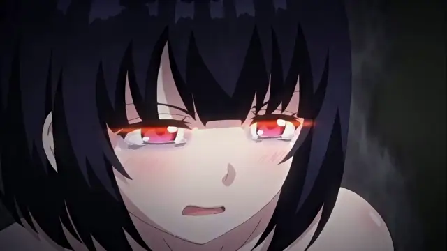 A close-up of a crying anime girl with long black hair and red eyes, looking distressed with a blushing face and tears streaming down her cheeks. Screenshot from Toilet no Hanako-san vs Kukkyou Taimashi - Episode 1