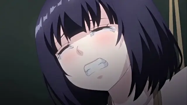A crying anime girl with dark blue hair, blushing eyes, and a trembling mouth looks distressed in a close-up shot. Screenshot from Toilet no Hanako-san vs Kukkyou Taimashi - Episode 1