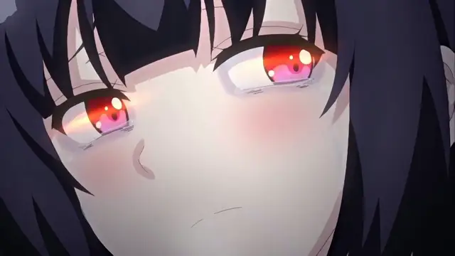 A close-up shot shows a blushing anime girl with dark hair and large, red eyes brimming with tears, looking forward with an expression of intense distress or arousal. Screenshot from Toilet no Hanako-san vs Kukkyou Taimashi - Episode 1