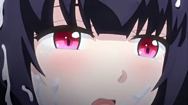 A close-up shot of a blushing anime girl with dark hair and red eyes, looking overwhelmed and sweating as if she is being pleasured. Screenshot from Toilet no Hanako-san vs Kukkyou Taimashi - Episode 1