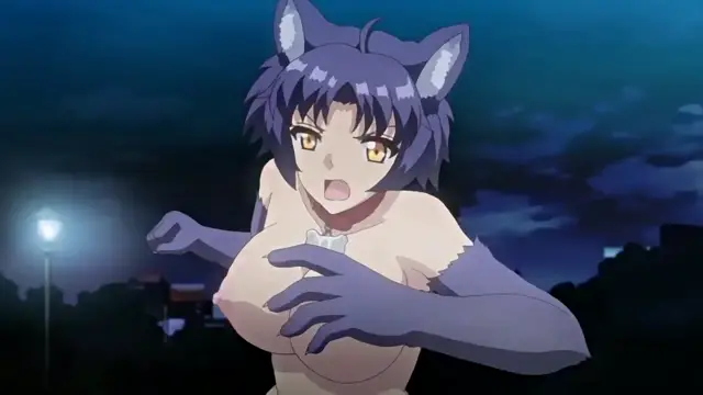 A startled cat girl with purple hair and ears is shown in a shocked expression while looking down at her large breasts in an outdoor nighttime setting. Screenshot from Toilet no Hanako-san vs Kukkyou Taimashi - Episode 3