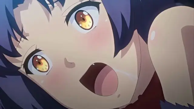 A close-up anime shot shows a blue-haired girl with wide eyes, flushed cheeks, and an open mouth, looking surprised or shocked as she is being held or pressed against someone. Screenshot from Toilet no Hanako-san vs Kukkyou Taimashi - Episode 3