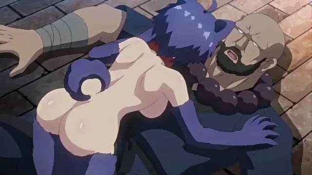 A blue-haired anthropomorphic cat girl with large breasts is straddling a large, muscular man with a beard who is lying on the ground. Screenshot from Toilet no Hanako-san vs Kukkyou Taimashi - Episode 3